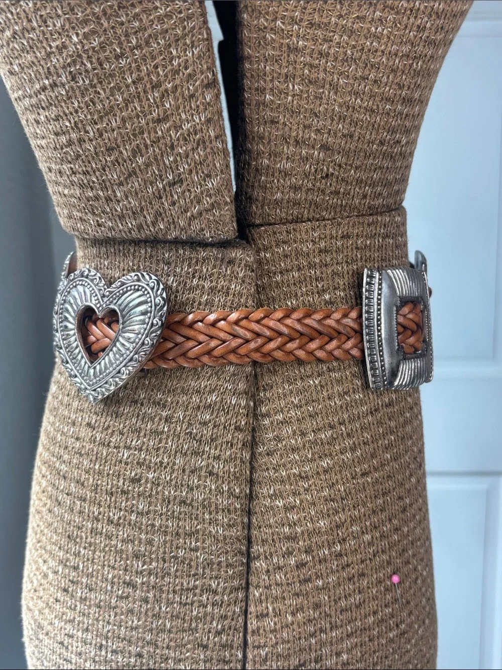 VTG 1994 Brighton Tan Braided Leather Belt with Silver Heart + Cross Conchos